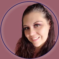 a woman smiling in a circle with a pink background