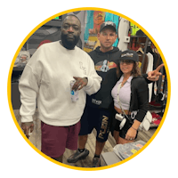 three people standing next to each other in a store